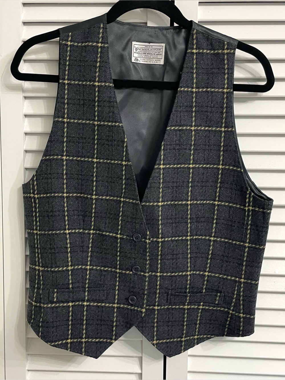 Vtg Miss Pendleton Windowpane Plaid Wool Vest Sz 12 M Gray Tan Preppy Academia